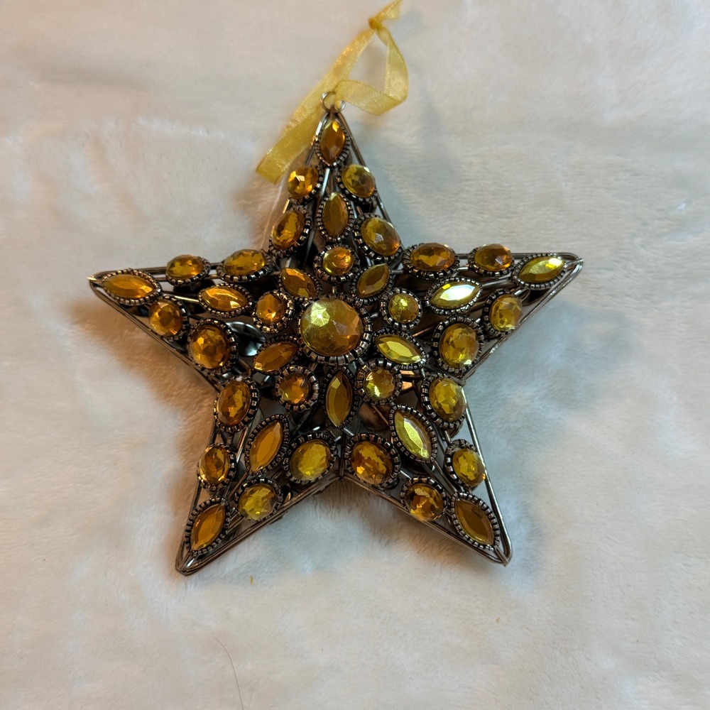 Yellow Faux Crystal Star Christmas Ornament Silver Tone Wire Beaded 6 Inch
